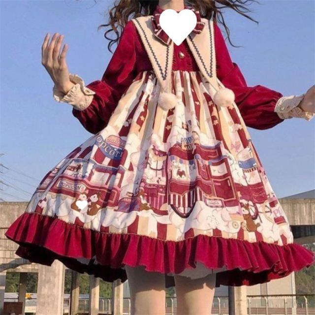 ワンピース ロリータ レディース 長袖 秋冬 可愛い クリスマス 姫様 ロリータ風ワンピ ポップコーン リス ゴスロリ 日系女子中高生 子供 大人 130~150cm S~L レッド 赤 クラシカル