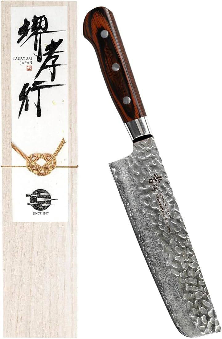 堺孝行 プロの料理人が愛用する包丁ブランド ダマスカス 菜切り 160mm V金10号 vg10 万能包丁 33層槌目 マホガニー柄(ダークブラウン, 菜切包丁 160mm)