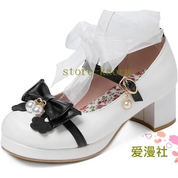 パンプス レディース リポン ロリータ靴 アンクルストラップ ルレース 蝶結び 姫系 チャンキーヒール 5CM 茶話会 可愛い 仮装
