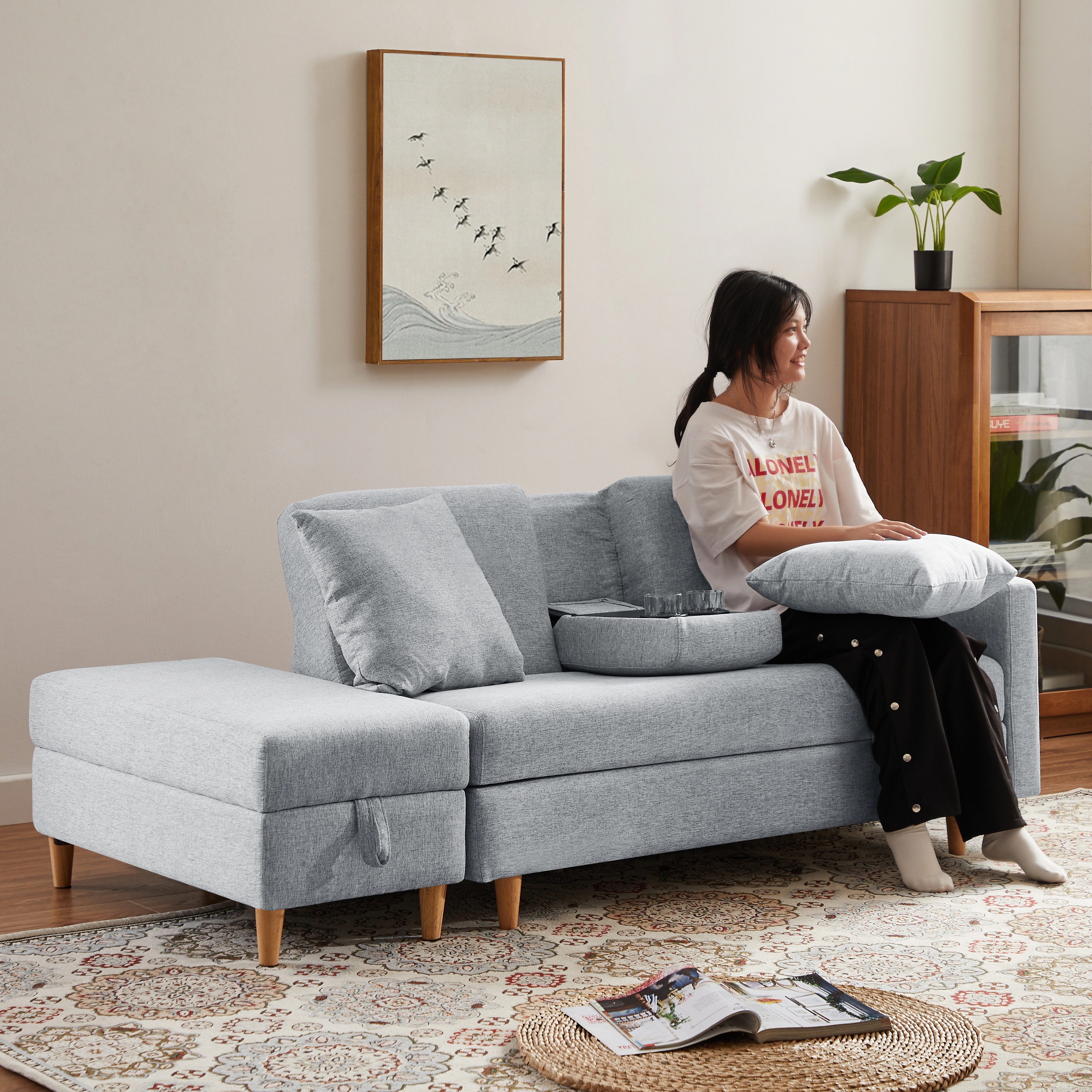 ソファ　ソファーベッド　カウチソファ　3人掛け　オットマン付き　多機能ソファ　左右側とも取り付けるアームレスト　たくさん収納　レイアウト自由　クッション2個