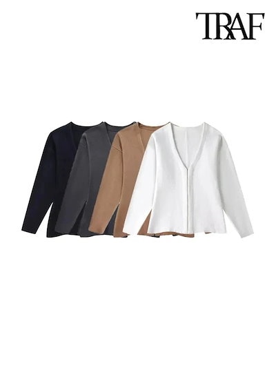 TRAF-女性用フロントフック付きニットカーディガン,Vネックセーター,長袖,サイドスリットヘム,女性用アウター,シックなトップス,ファッション - 200000345