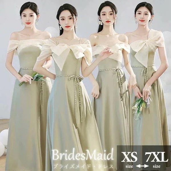 最新モデル登場！ブライズメイド ドレス ロング 演奏会 ピアノ発表会 グリーン 編み上げ ショルダーネック つや有り 光沢感 サテン スレンダーライン 袖付き ワンピース レディース 春秋 きれいめ