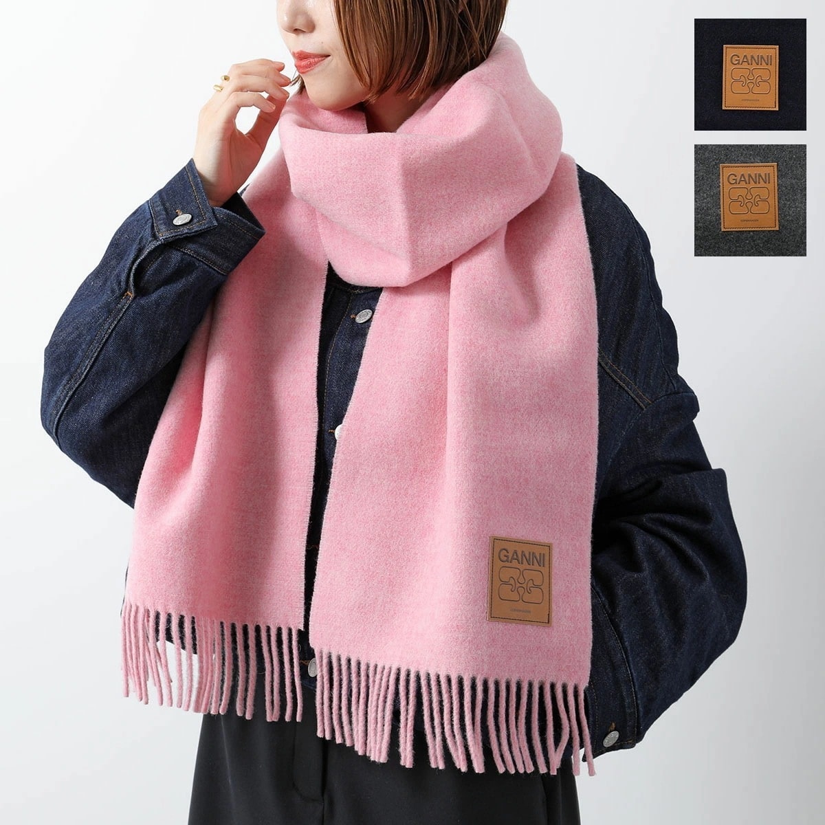 GANNI ガニー マフラー Double Face Wool Solid Scarf レディース スカーフ ストール ウール ロゴパッチ フリンジ カラー3色
