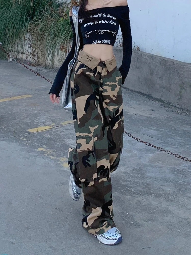 アメリカンレトロハイウエストジーンズレディース春迷彩スパイスlガールズワークパンツストレートパンツ長めルーズワイドパンツ