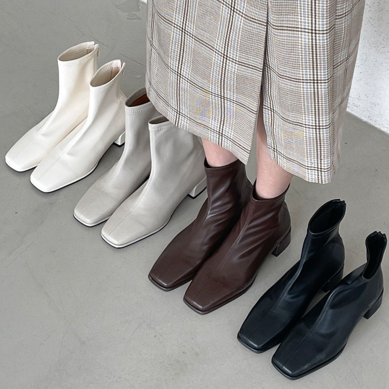 4color モダン, ベーシックな雰囲気の 無地 ローヒール スクエアトゥ バックファスナー付きで履き脱ぎ楽ちん シンプルな デイリー ストレッチ ショートブーツ