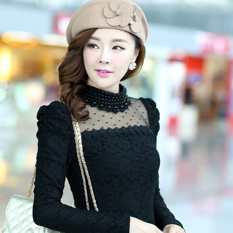 パールネック ブラウス 長袖 レース 暖かい シースルー ラウンドネック ３カラー a431 5,502円