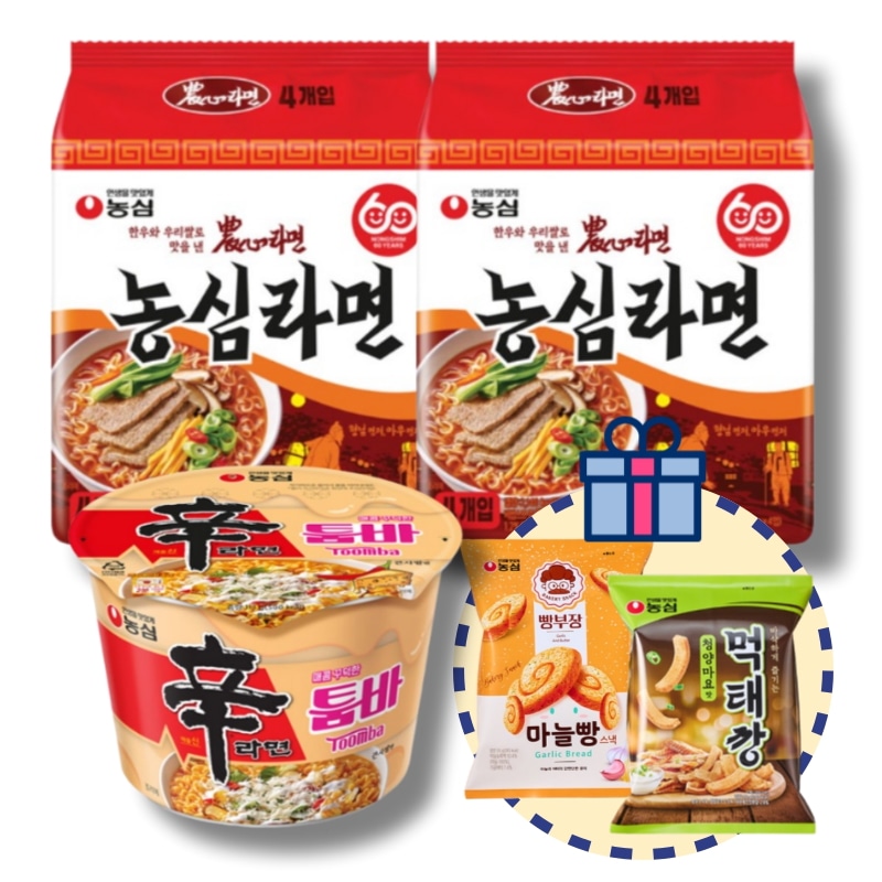 [韓国ラーメンNEW]농심ラーメン(124g×4個入り)2個+辛ラーメン トゥンバクンカップラーメン113g 1個 GIFT モクテカン チョンヤンマヨ味 60g+パン部長ガーリックパン 55g