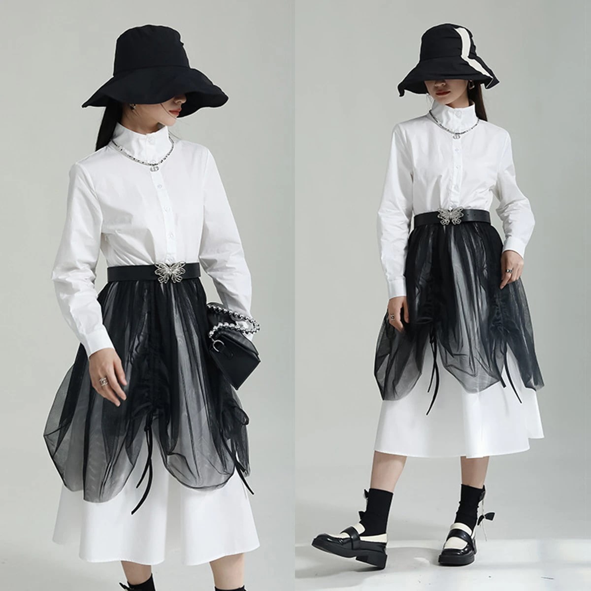 【J.Fashion】 春 ドッキングシャツワンピース メッシュスカート ペプラム ドッキング 蝶結びベルト付き レディースワンピース 日焼け止め ドレス ロングワンピース メガ割シャツワンピ