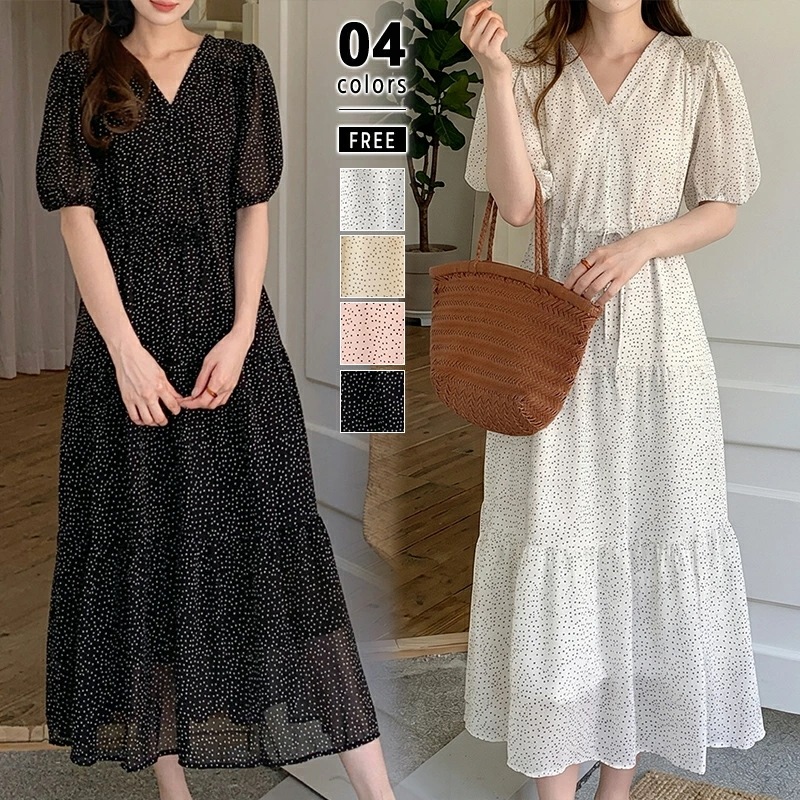 ワンピース ドット パフスリーブ ドット柄ワンピース レディース 半袖 半袖ワンピース ロング ロングワンピース vネック ティアード シフォンワンピース