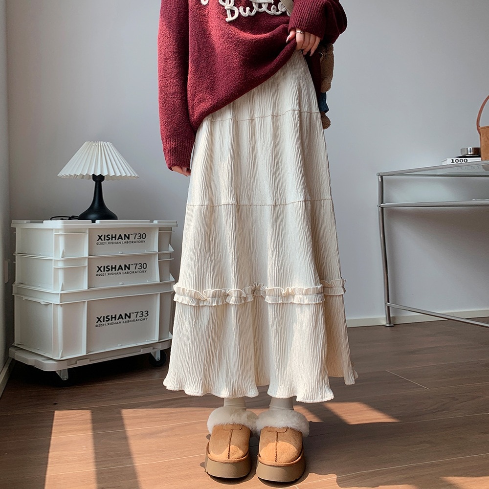 【1つ買うと10つ無料】春秋冬の女性のためのコーデュロイケーキスカートハイウエスト梨の形スリム -ミッドレングスフラッフィー傘スカート