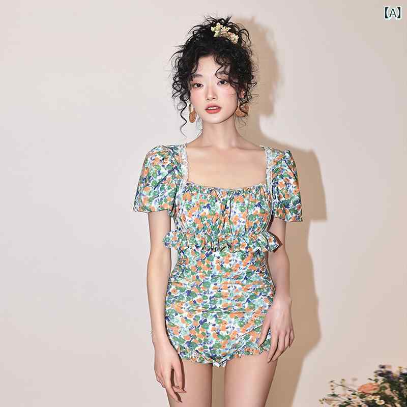 レディース 水着 女性用 ワンピース 半袖水着 リボン装飾 フリル装飾 バックレス 露出少ない 肌見せ少ない 背中開き グリーン系 ブルー系 小花柄 フローラルプリント 胸パットあり ワイヤーなし リ