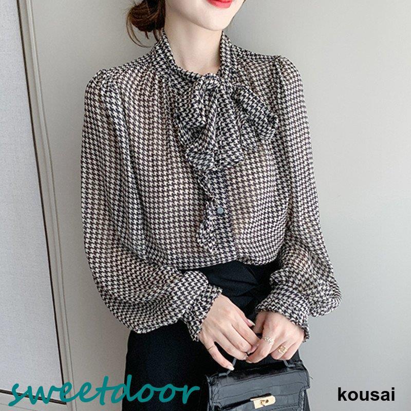 シフォン ブラウス 上品 トップス 長袖 グレンチェック リボン付き 通勤 レディース シフォンシャツ ゆったり 大人 フェミニン 春夏 ブラウス 30代40代 きれいめ