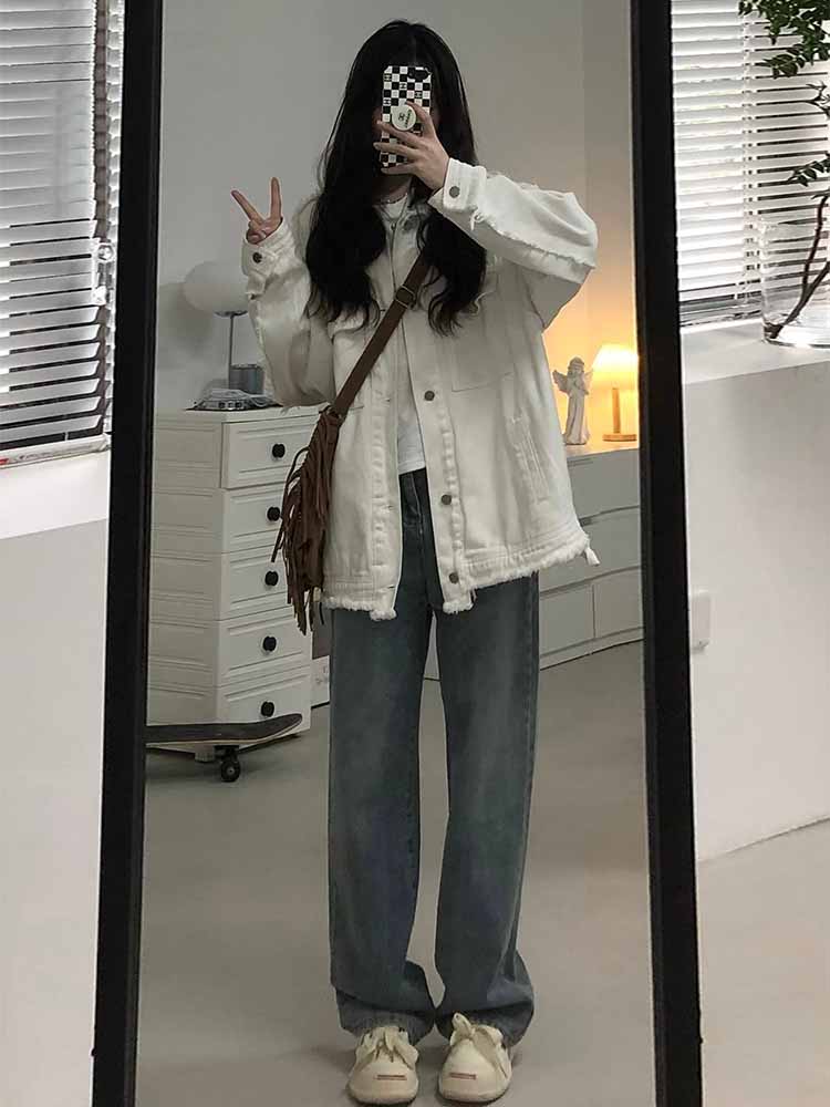 韓国デザイン秋服カップルカジュアルゆったり デニムコート着