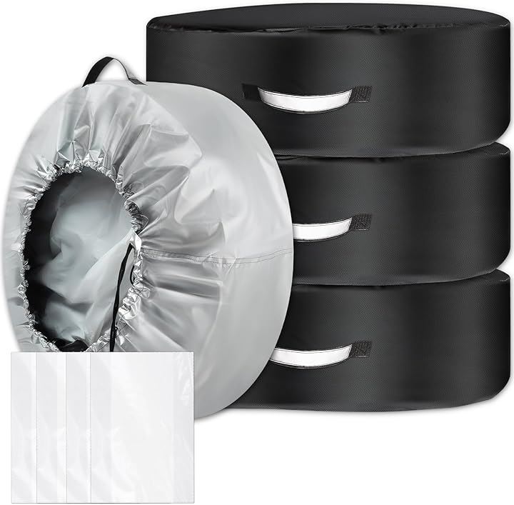 4本 屋外 防水 420D タイヤ袋 4枚付き 両面利用可能 タイヤ収納 夜間反射 取手付き 紫外線カット劣化 汚れ防止 厚手 タイヤトート(タイヤカバー, L(80x40cm))