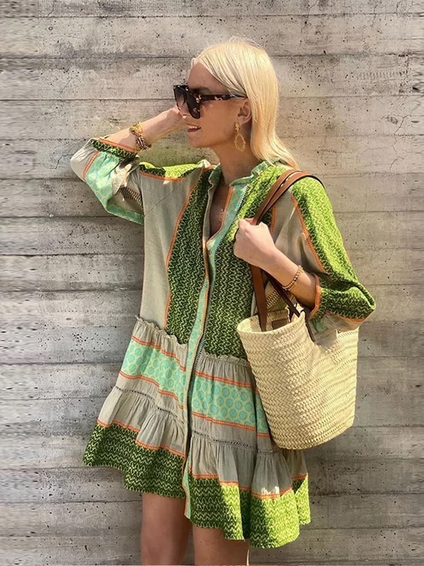 納期約21日から30日:襟を折りたたんだ女性用ロングドレス,プリント,シングルブレスト,長袖,ミニドレス,春,夏,ファッショナブル,2024