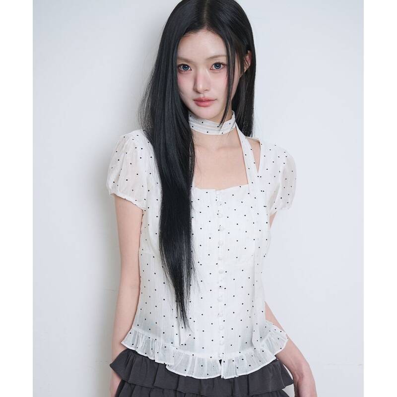 ILLIGO リボンタイ スクエアネックブラウス ホワイトドット 25SMTOP02WD 397425
