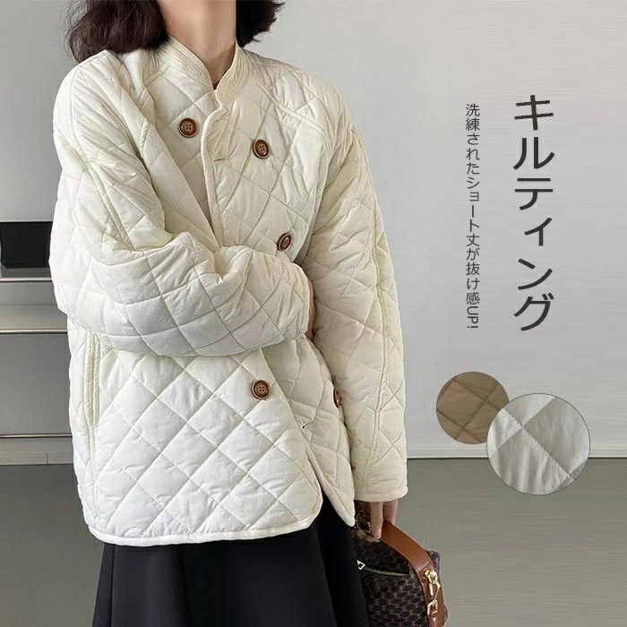 キルティングジャケットレディースキルティングコートショート丈中綿コート秋冬コートジャケット中綿入りトップス冬中綿コート暖かい軽量防寒ノーカラーゆったりカジュアルあったかノーカラージャケット薄リラックス