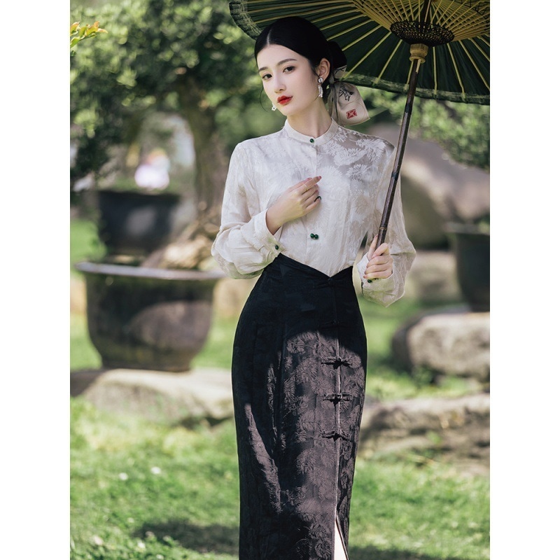 新作中華風高級チャイナドレス ライトラグジュアリー ナショナルスタイル ディスクボタンジャカードシャツ ブラック スリムスカート 小さめワンピース 2点セット