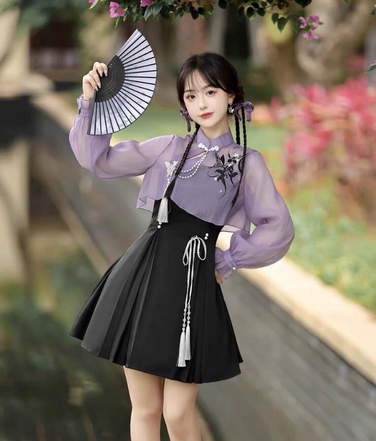 【TikTok人気新品】ロリータワンピース 2点セット 中華 ロリータ服 改良版漢服 チャイナドレス キャミソール＋カバー チャイナボタン 蝶飾り レディース ハロウィン コスプレ衣装 漢元素 ドレス