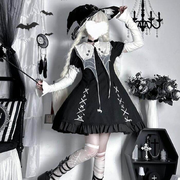 ゴスロリ ワンピース 半袖 長袖 2way 病みかわ クモ 魔女 暗黒 Lolita ロリータ 黒ロリ ハロウィン コスプレ 小悪魔 ゴシック OP スパイダー ウィッチ 魔法使い 原宿系 刺繍