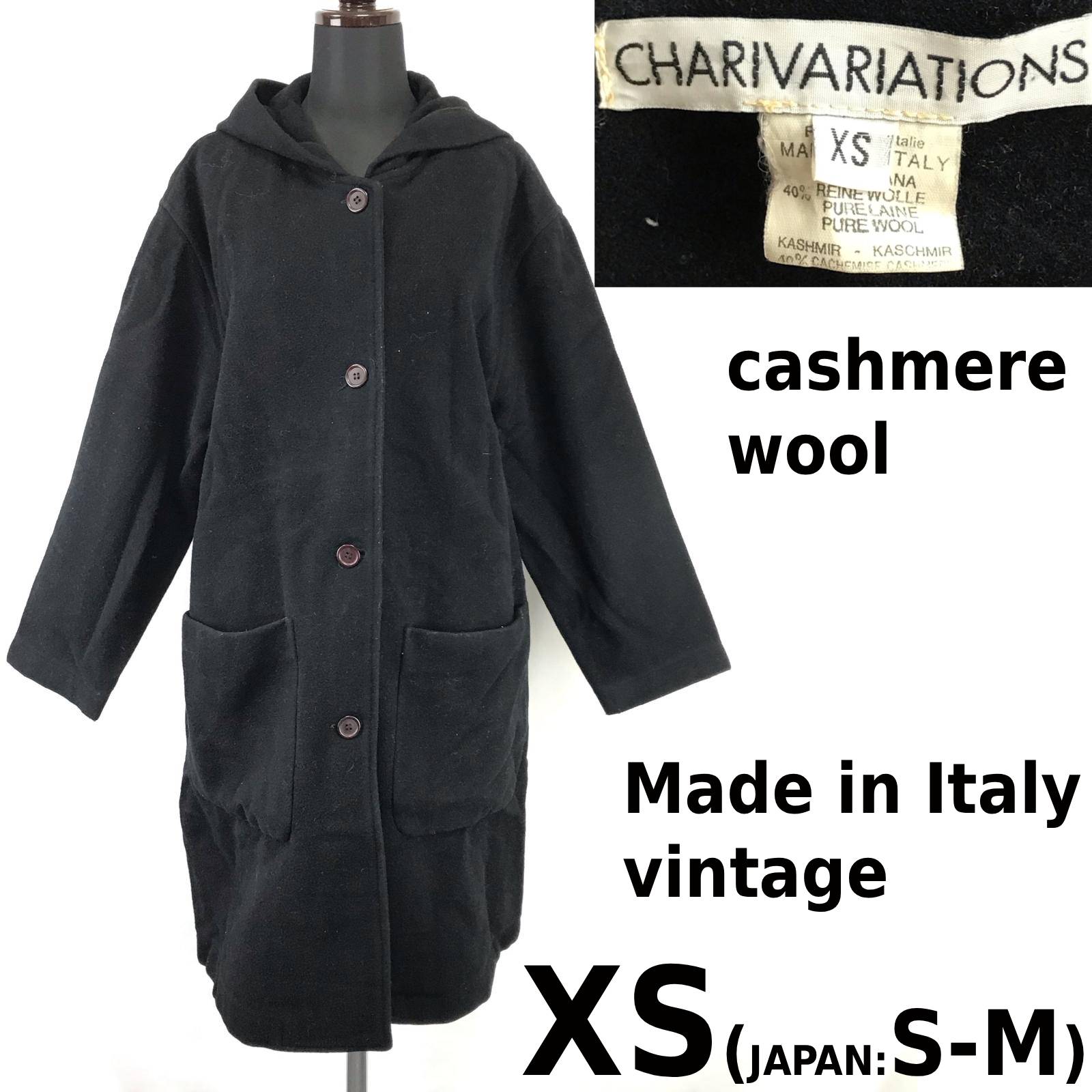 90s/vintage/イタリア製Charivari/CHARIVARIATIONSカシミヤウール/フーデッドコート【XS/レディースM程度/黒/black】ロング/フード付き/アウター/jacket