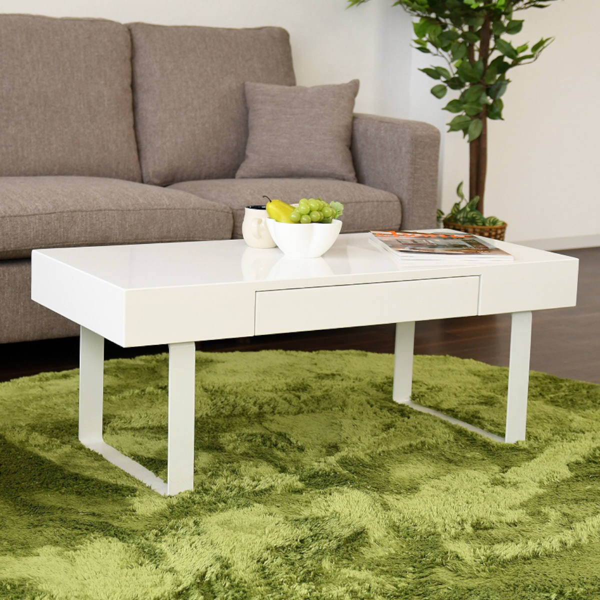 ローテーブル 幅100cm サムデイ 100 センターテーブル リビングテーブル テーブル 引き出し 収納 白 ホワイト 長方形 コンパクト 光沢 鏡面 塗装仕上げ 高級感 スタイリッシュ