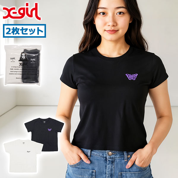 Tシャツ レディース 半袖 綿100% 無地 ロゴ ブランド おしゃれ かわいい カジュアル クルーネック 2枚セット 白 黒 コンパクト トップス カットソー 105252011032