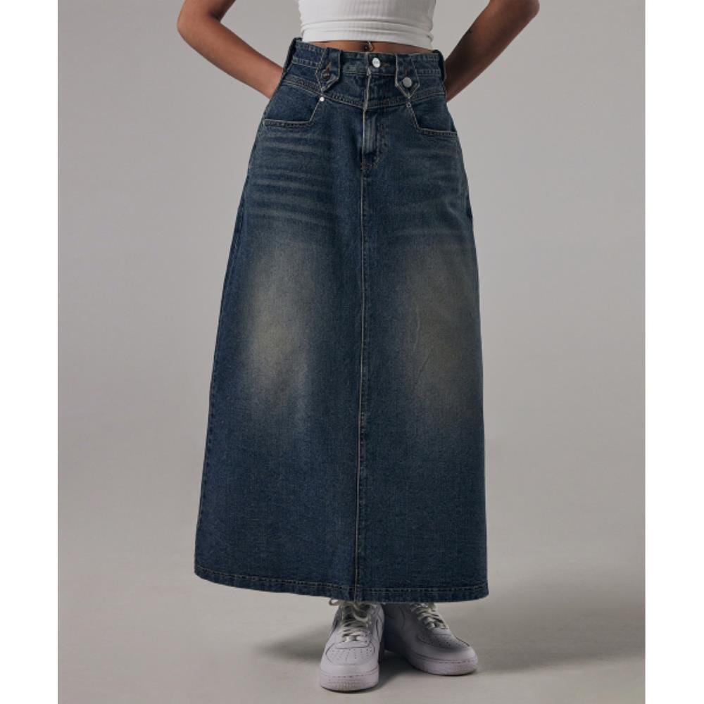 TREEMINGBIRD Front Yoke Denim Long Skirt Dark Blue TMB