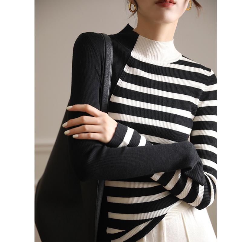 ハイネック 長袖 レディース コントラストカラー ストライプ ニット セーター 秋冬 ぴったり ウール トップス おしゃれ カジュアル 普段使い 旅行 柔らかい 暖かい 大きいサイズ 黒 白