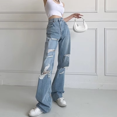 ジーンズ ダメージジーンズ ボトムス パンツ ズボン ロング丈 脚長 ハイウエスト ワイドレッグパンツ カジュアル おしゃれ お洒落 かっこいい 大人女子 こなれ感 ラフ 個性的 マニッシュ