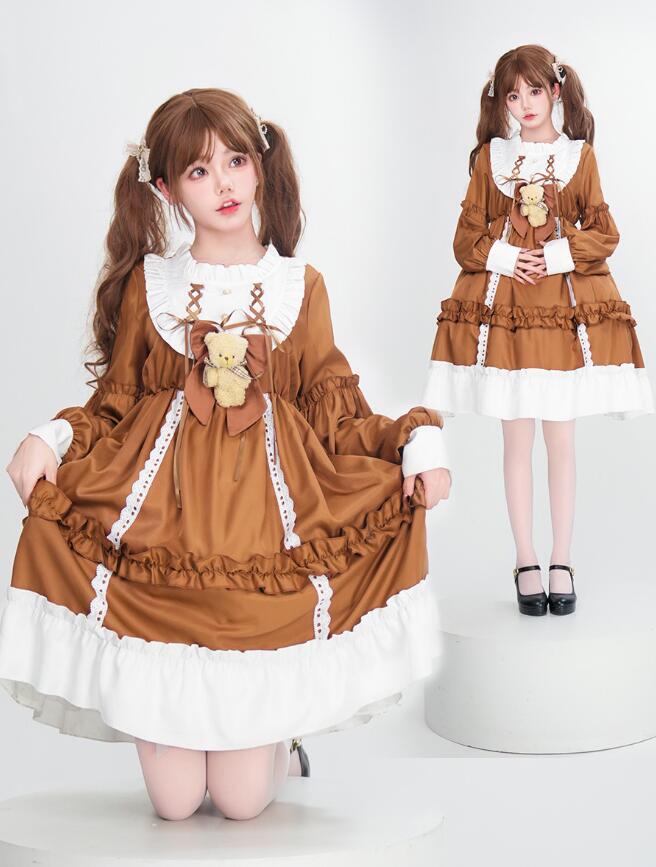 【超人気商品】ロリータドレス　レディースLolitaワンピース　可愛い長袖ロリータドレス　フレア　クマリボン　ブラウン　ブルー　森ガールメイドドレス　姫様　レース　フリル　ロリータワンピ　ゴスロリ　日