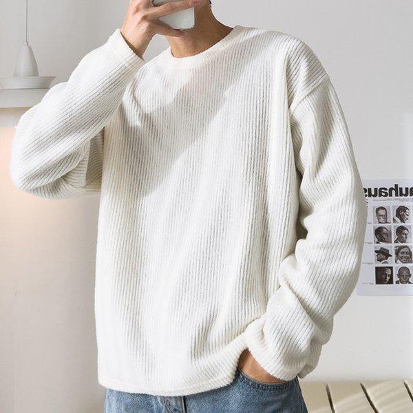 メンズ リブ編み ルーズフィット 裏起毛 ラウンドネック Tシャツ 5C-TSK-Q107-アイボリー