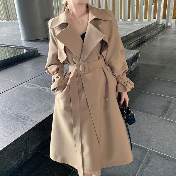 フレア トレンチコート スプリングコート レディース コート ライトアウター 春 秋 薄手コート かわいい ロング丈 ウエストマーク きれいめ