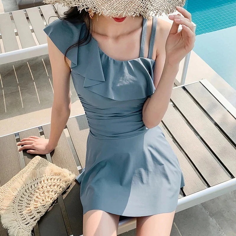 水着 暑いでもひんやり接触冷感水着 レディース ワンピース 代 フレア オールインワン アシンメトリー 海 ママ 大人 可愛い