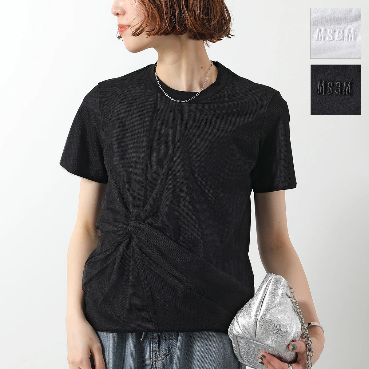 MSGM エムエスジーエム Tシャツ MDM112 257002 レディース 半袖 カットソー ロゴT 刺繍ロゴ コットン チュール クルーネック カラー2色 【mega】