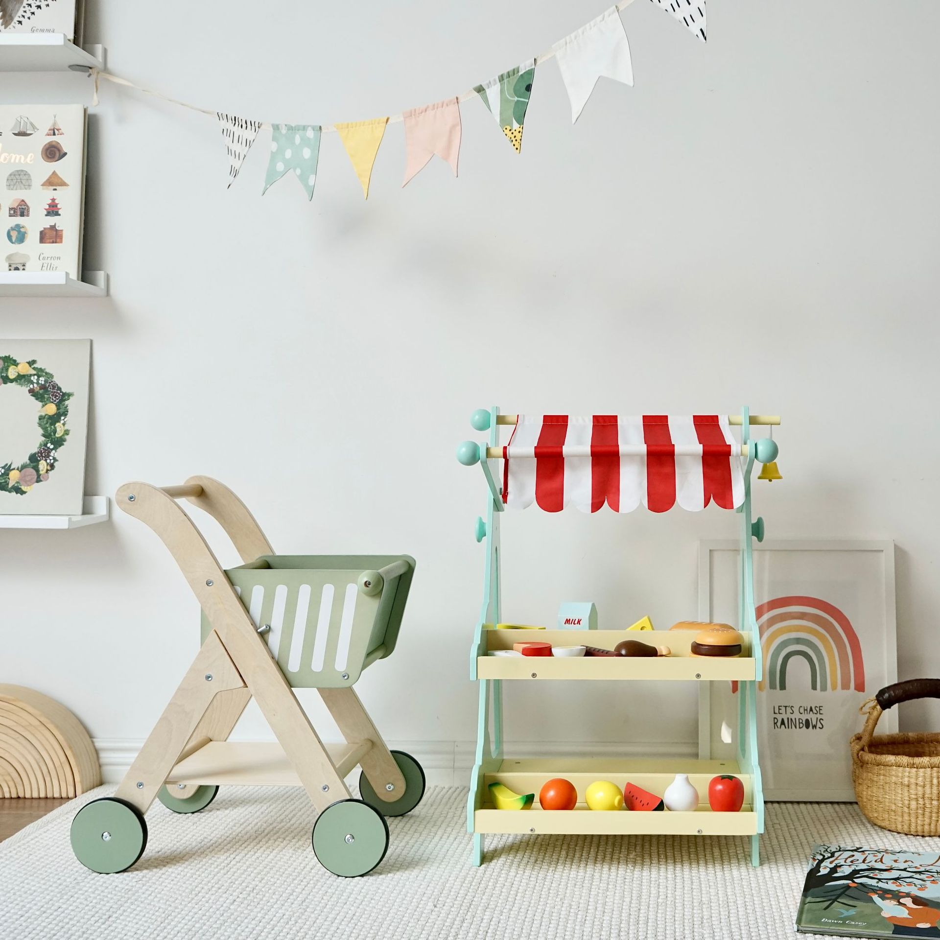 子供用のコンシェルジュスーパーマーケットフルーツケーキパンセールシェルフハンドプッシュショッピングカート幼稚園プレイhouse