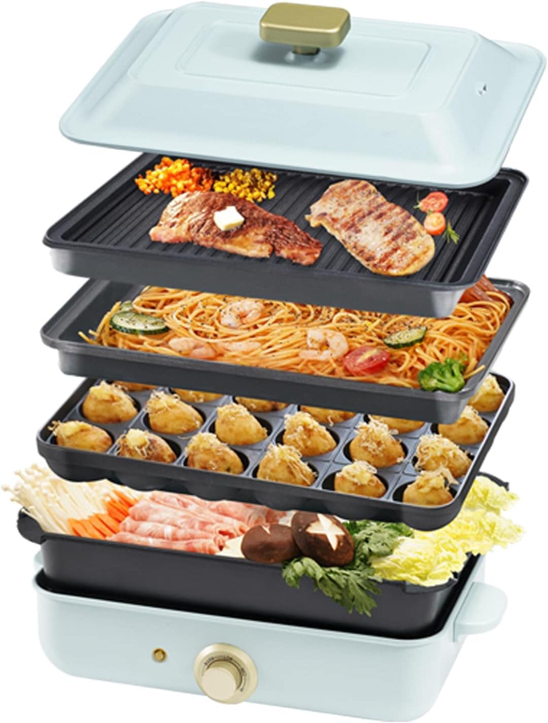 SOLEMOOD ホットプレート 焼肉 たこ焼き 4枚タイプ 波型プレート付き 多用途 しゃぶしゃぶ グリル鍋 深鍋 焼肉プレート プレート取り外し可能 着脱式ホットプレート 1台多役 A4サイズ