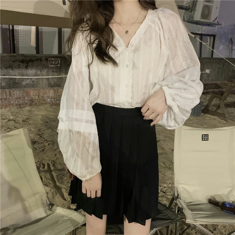 レディース ボリュームスリーブシャツ レース シアーブラウス トップス Vネック 長袖