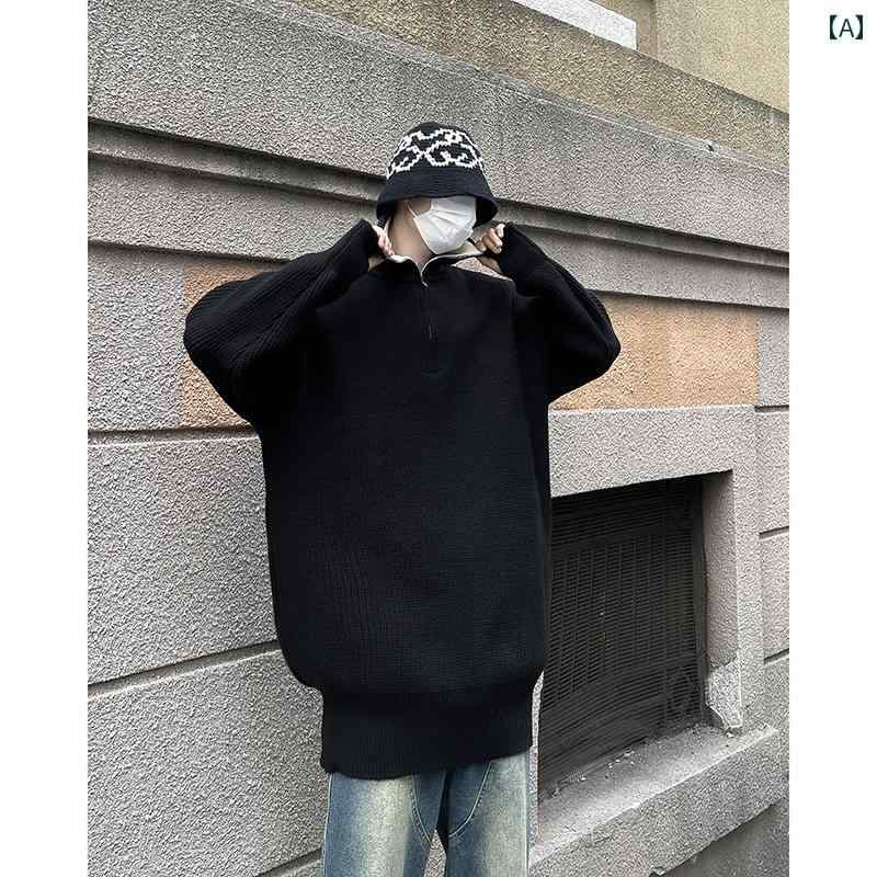セーター メンズ ニット トップス 秋冬 ハーフジップ タートルネック 厚手 レトロ ブラック カーキ 韓国