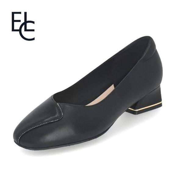 女性ラムスキン切り替え宝石ふっくらミドルパンプスゴールドヒール3.5cm LCWD31U513-BK_SC