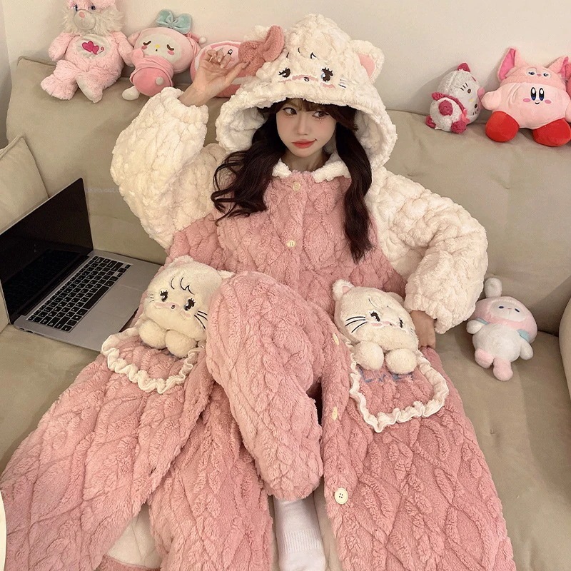 通学 珊瑚絨毯スリーパー秋冬女性三層綿挟み厚手バスローブmikkoパジャマ冬保温部屋着 保育園 小学部 6,747円