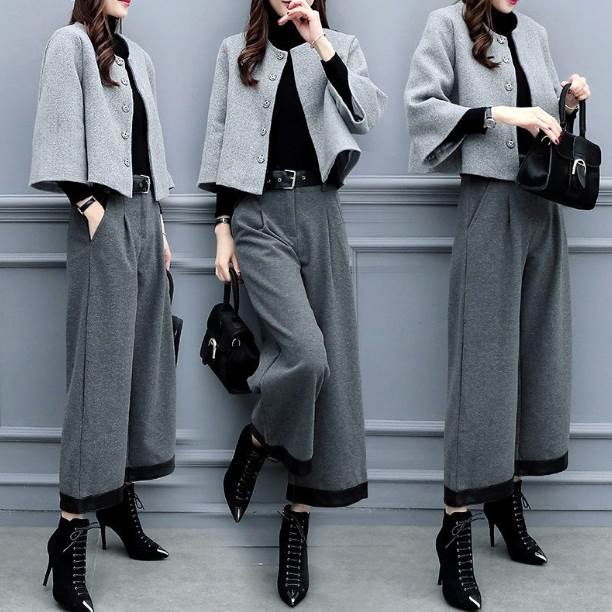 2点セット セットアップ ジャケット ズボン ワイドパンツ 7分丈 袖あり 長袖 ホルンスリーブ ラウンドネック 襟なし ポケット 前開き ウール 大人可愛い シンプル 大人 上品 おしゃれ お洒落