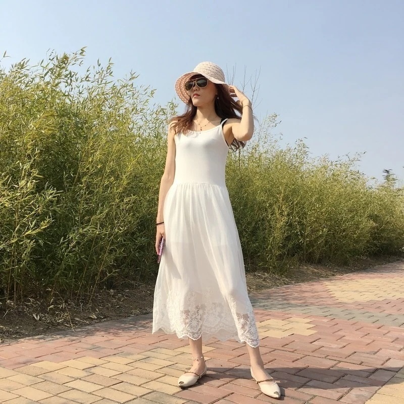 ワンピース ロングスカート ミッドウエスト フリーサイズ プルオーバー 秋 刺しゅう レース 無地 ラウンドネック サスペンダー キャミソール スカート ロング ロング丈 袖なし 襟なし Aライン
