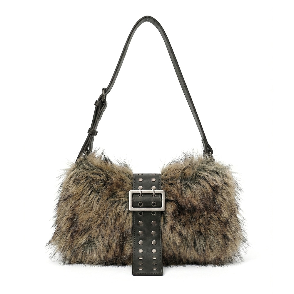 도프 브라운 페이크퍼 빈티지 벨트 털가방 바게트백 호보백