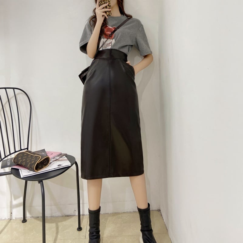 2color レディース スカート ボトム ミディアムスカート ミモレ丈 PUレザー 5,032円