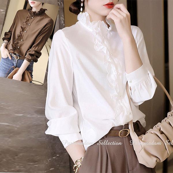 注目商品フェミニンフリルブラウス　シャツ　ホワイト　長袖　スタンドカラー　ゴージャス【クリックポストで】ほっそり効果大20代30代40代50代