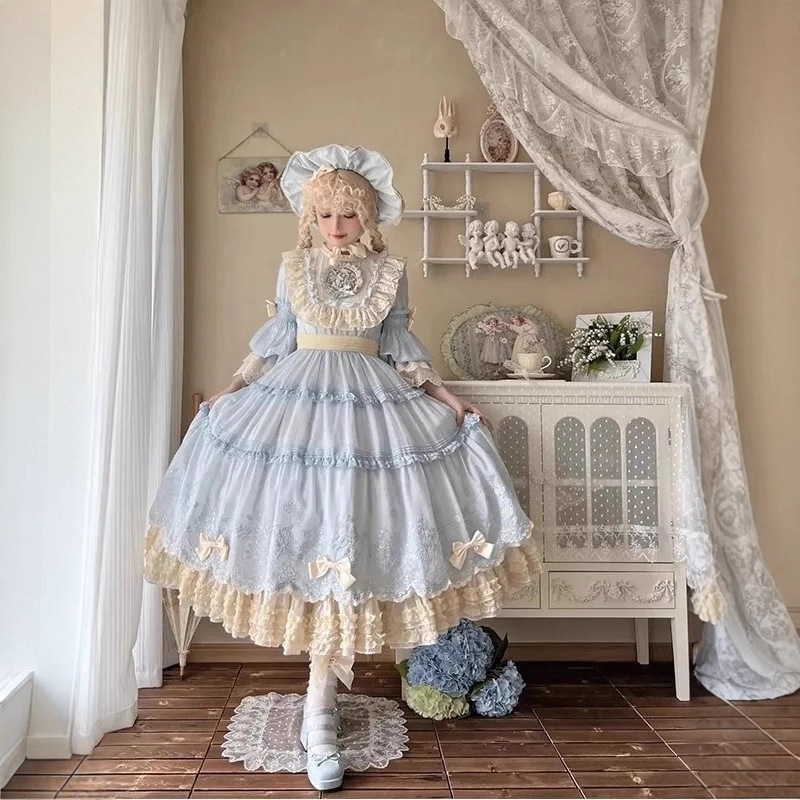 ブルーの田園風ミドルスリーブロリータドレスOP ヘビーデューティーゴージャス刺繍プリンセスドレスキュートでスイートでエレガント