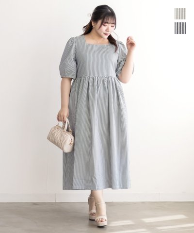 大きいサイズ レディース LL 3L 4L XL XXL XXXL ウエストリボンサッカーストライプワンピース