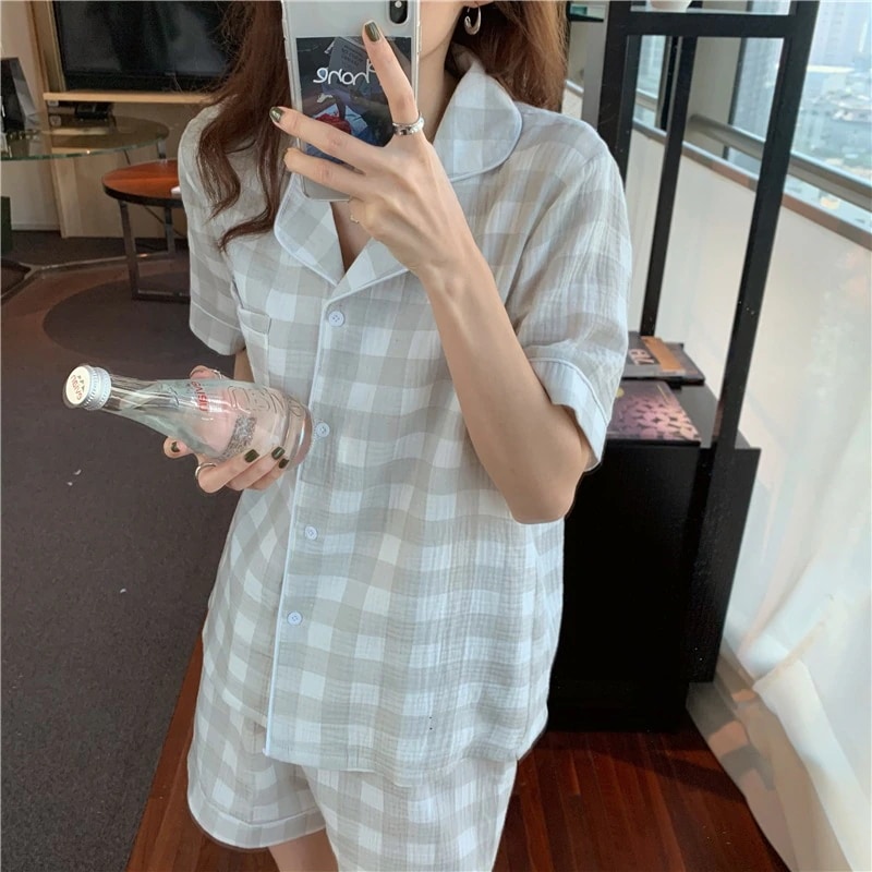 レディースパジャマ 半袖 ショートパンツ 開襟シャツ 胸ポケット チェック ブロックチェック パイピング 薄手 二点セット 上下セット ツーピース セットアップ ルームウェア ナイトウェア 部屋着