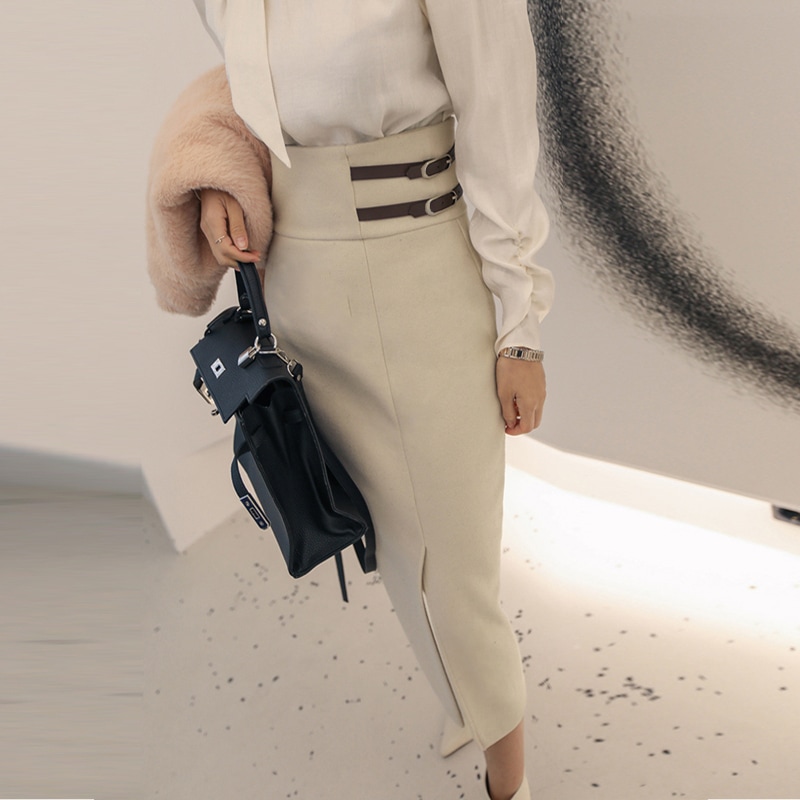 レディース スカート ロング スリム 細身 ストレート Iライン スマート ベルト ファスナー ハイウエスト かわいい 大人可愛い きれいめ シンプル カジュアル おしゃれ かっこいい こなれ感